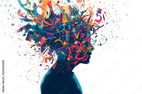 ADHD in Hyperactive Chaos  ,A silhouette of a person with their head exploding into a dazzling array of swirling colors, symbols, and digital noise in white background. Mental health concept