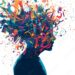 ADHD in Hyperactive Chaos ,A silhouette of a person with their head exploding into a dazzling array of swirling colors, symbols, and digital noise in white background. Mental health concept