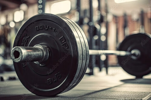 Barbell on the floor in the gym. Horizontal banner for a gym.