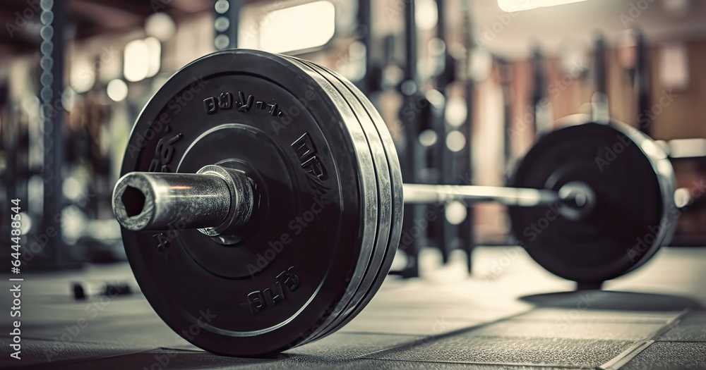 Barbell on the floor in the gym. Horizontal banner for a gym.
