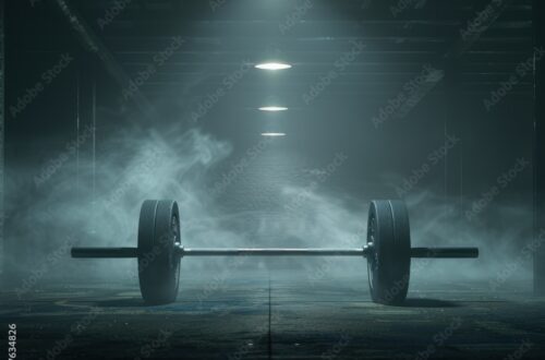 Iron barbells on a dark, smoky cinematic background, facilities in the gym for sports training function to increase bone density, shoulder muscles and also triceps