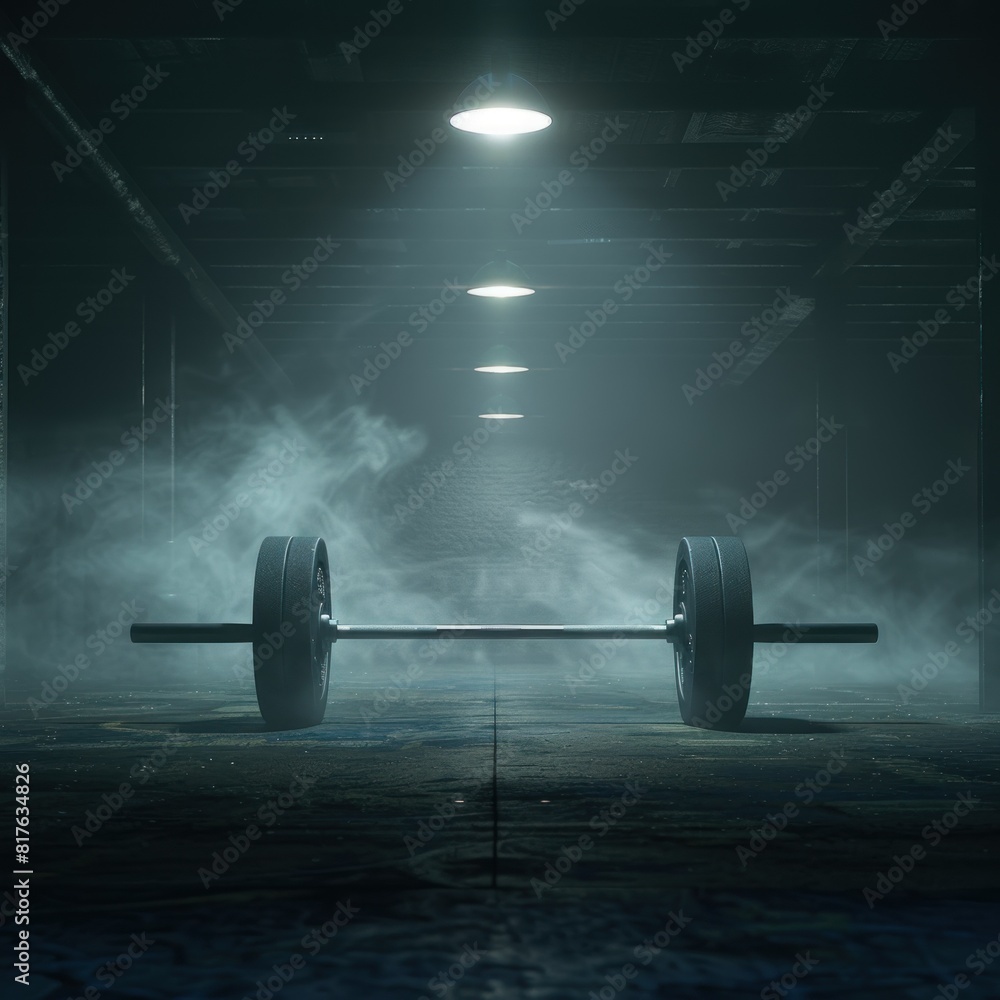 Iron barbells on a dark, smoky cinematic background, facilities in the gym for sports training function to increase bone density, shoulder muscles and also triceps