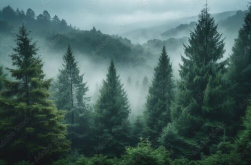 Lush green pine tree forest in the rain within mountainous wilderness.