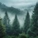 Lush green pine tree forest in the rain within mountainous wilderness.