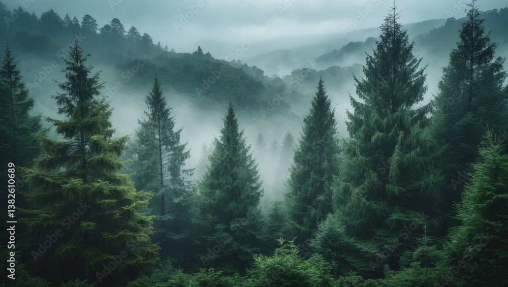 Lush green pine tree forest in the rain within mountainous wilderness.