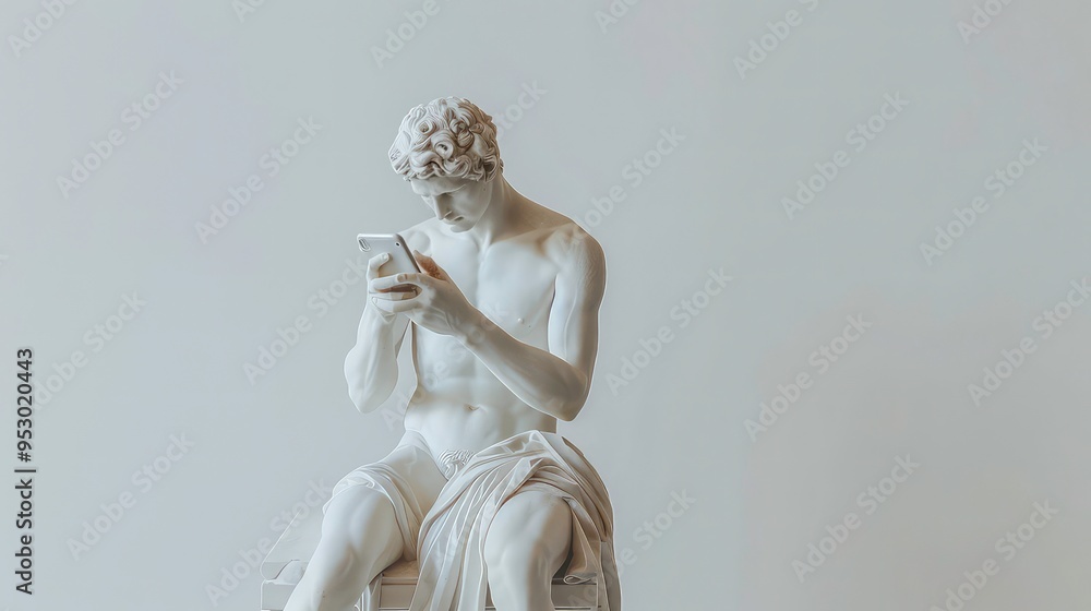 A white marble sculpture of a man sitting and looking at a smartphone.