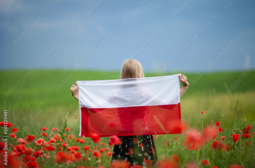 Blond girl holding flag of Poland in the poppy field. Back  view. Polish Flag Day. Independence Day. Travel and learn polish language concept.