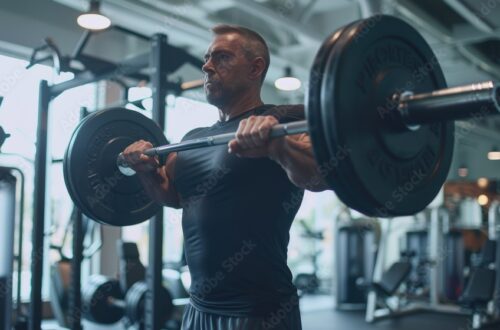 Man in His 40s Lifting Barbell in Modern Gym with Focus on Strength Training and Form
