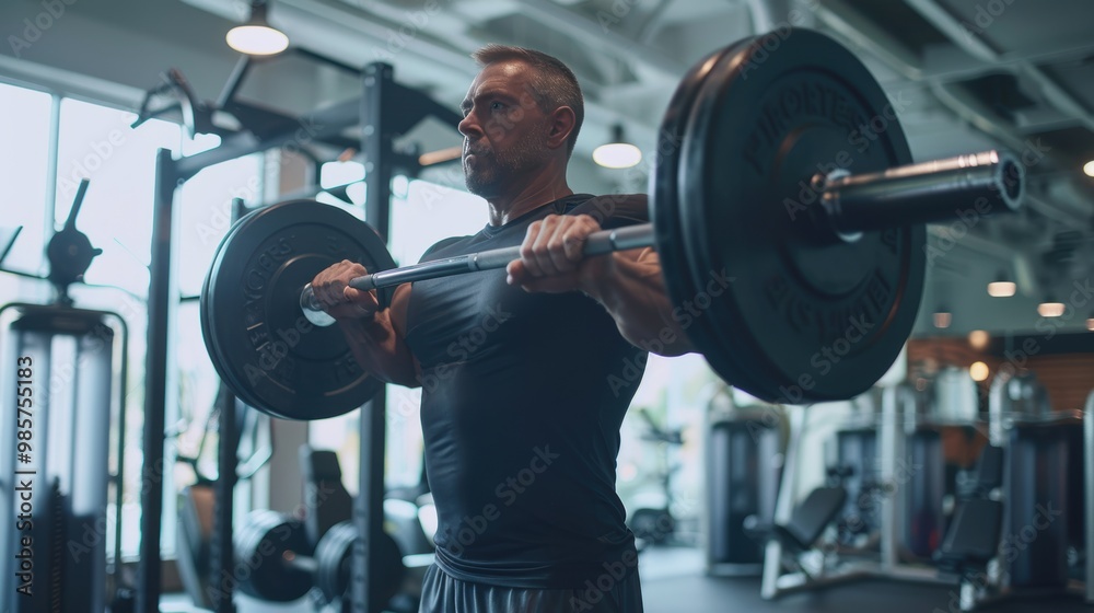 Man in His 40s Lifting Barbell in Modern Gym with Focus on Strength Training and Form